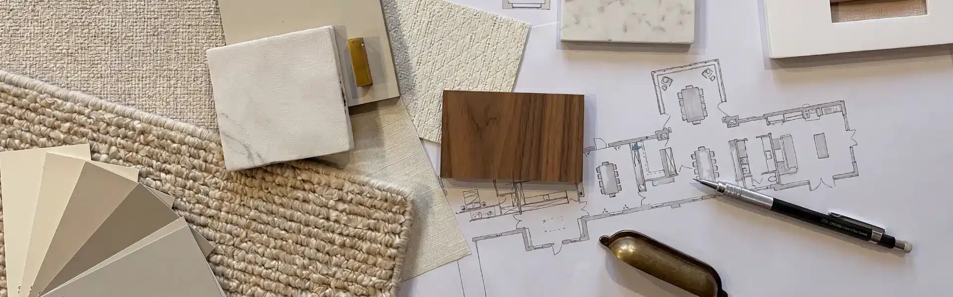 Interior architect and decorator tools: material swatches, marble, wood samples, floor plan, and neutral colour palette.