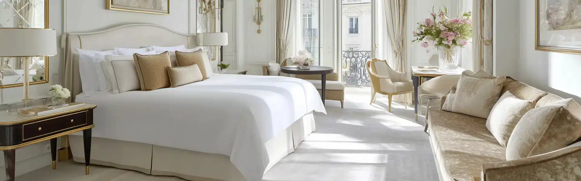 Luxury interior architect Paris 2025: Parisian bedroom with gold accents, white bedding, velvet sofa, and Juliet balcony.