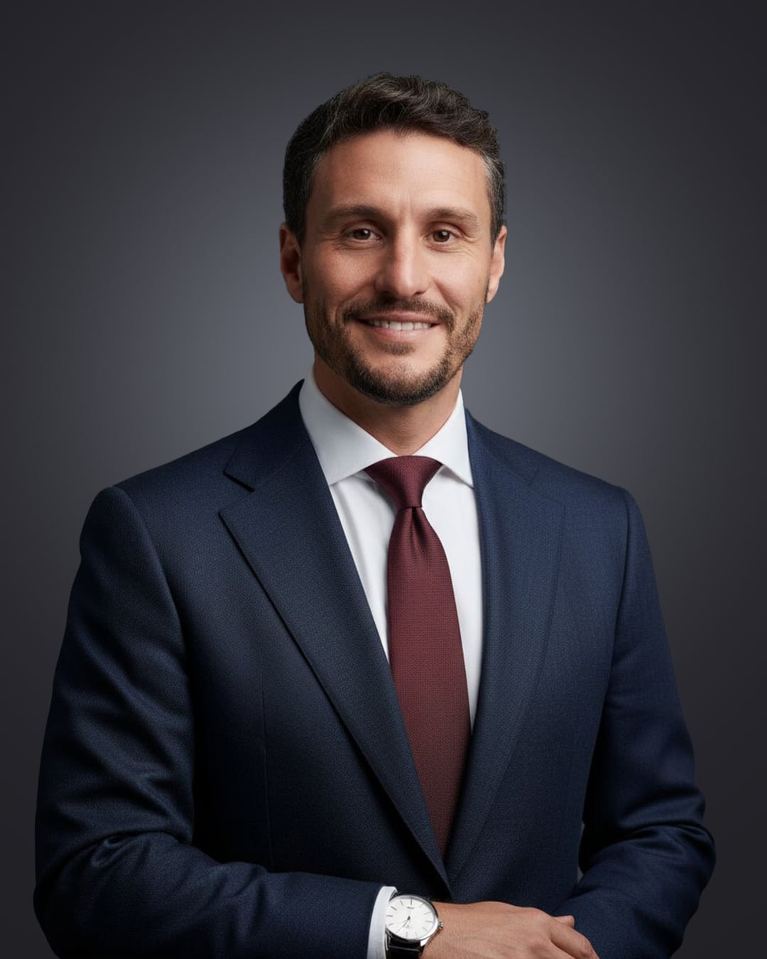 Studio portrait of a man in a blue suit and burgundy tie, smiling against a grey background.