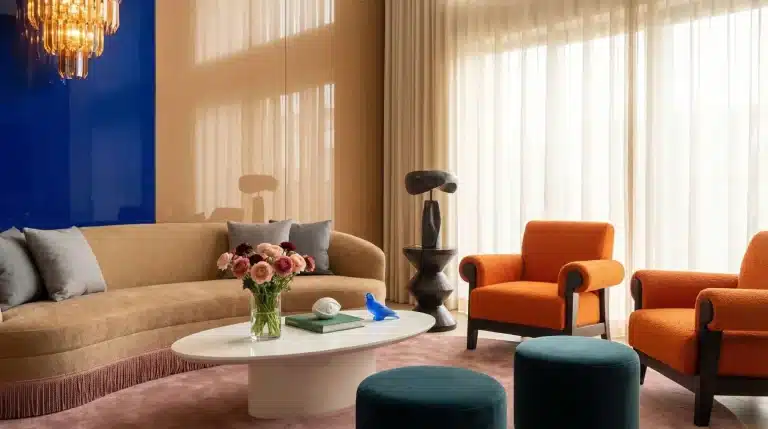 Design living room with fringed camel sofa, orange armchairs, teal velvet poufs and royal blue lacquered wall.