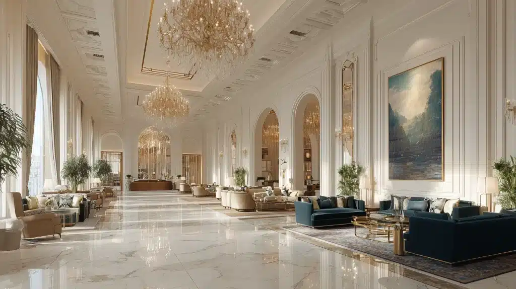 Grand entrance hall of a palace with marble floors, gilded crystal chandeliers, soaring ceilings and luxury furnishings.