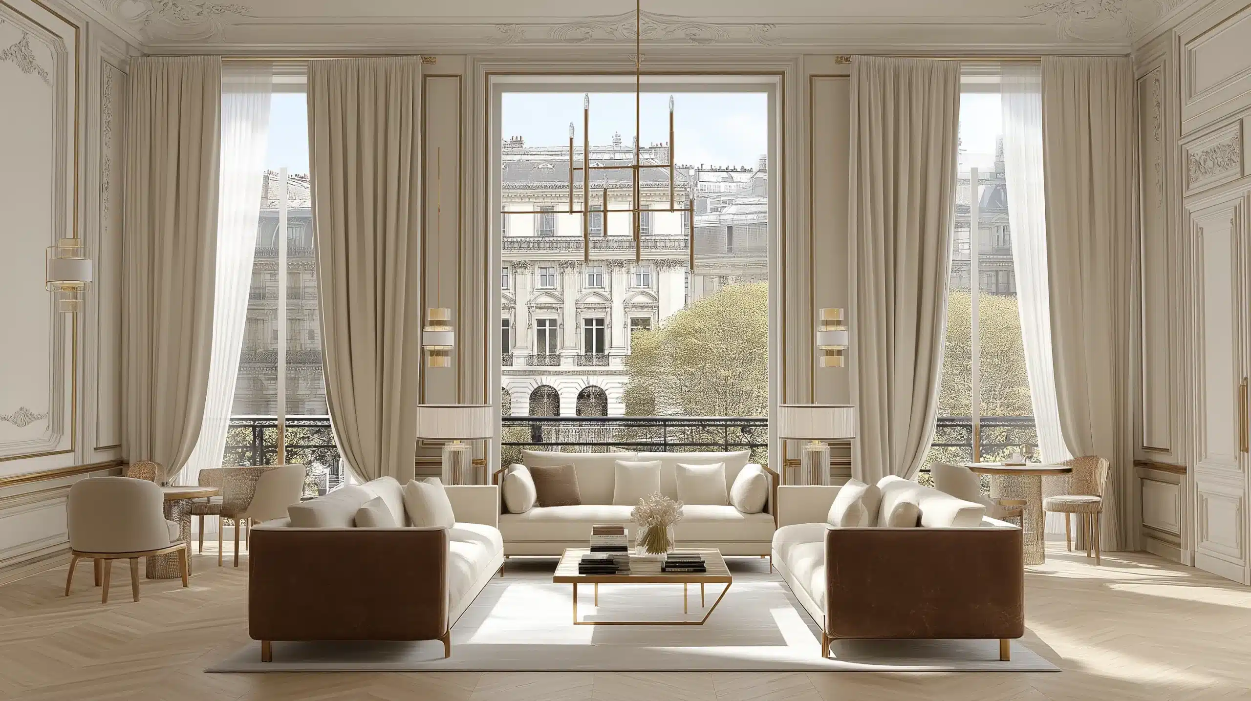Elegant Haussmann-style living room featuring light sofas, ornate mouldings, tall windows and views over Parisian buildings.