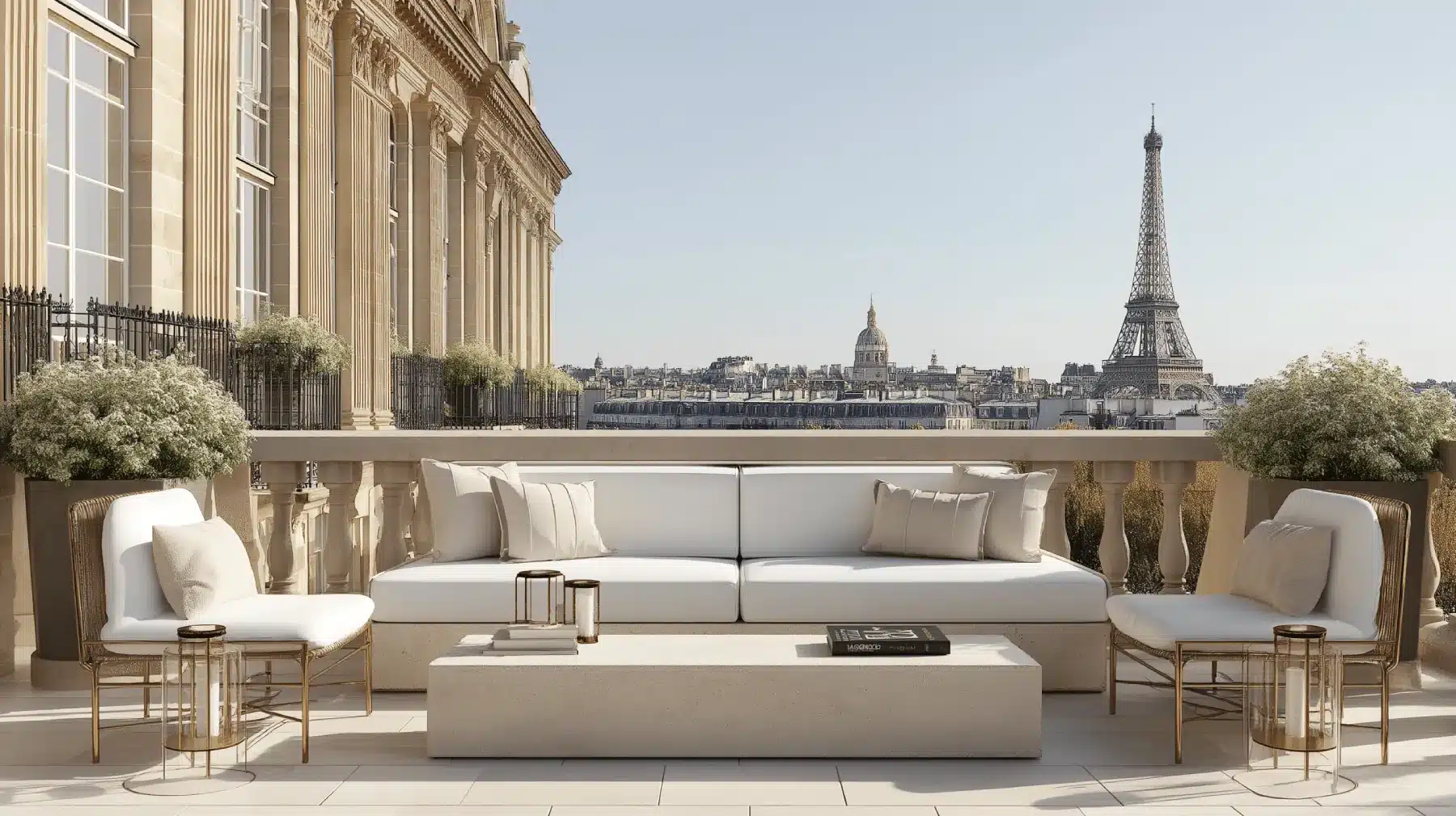 Rooftop terrace featuring a white outdoor living area with panoramic views over Paris and the Eiffel Tower.