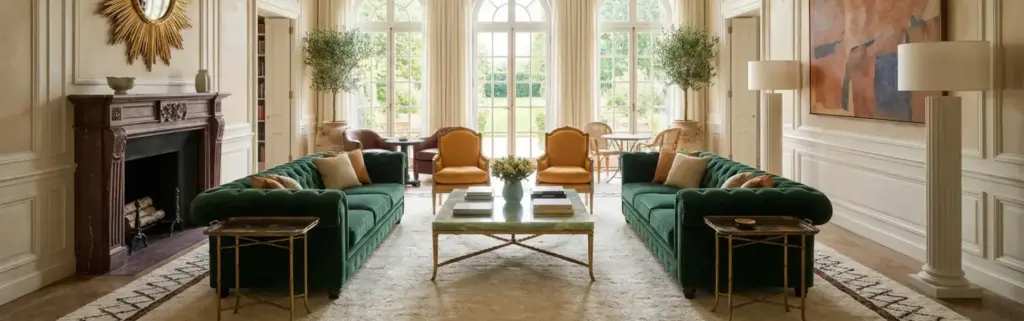 High-end project to understand interior architect cost: château salon with green velvet sofas and painted ceiling.