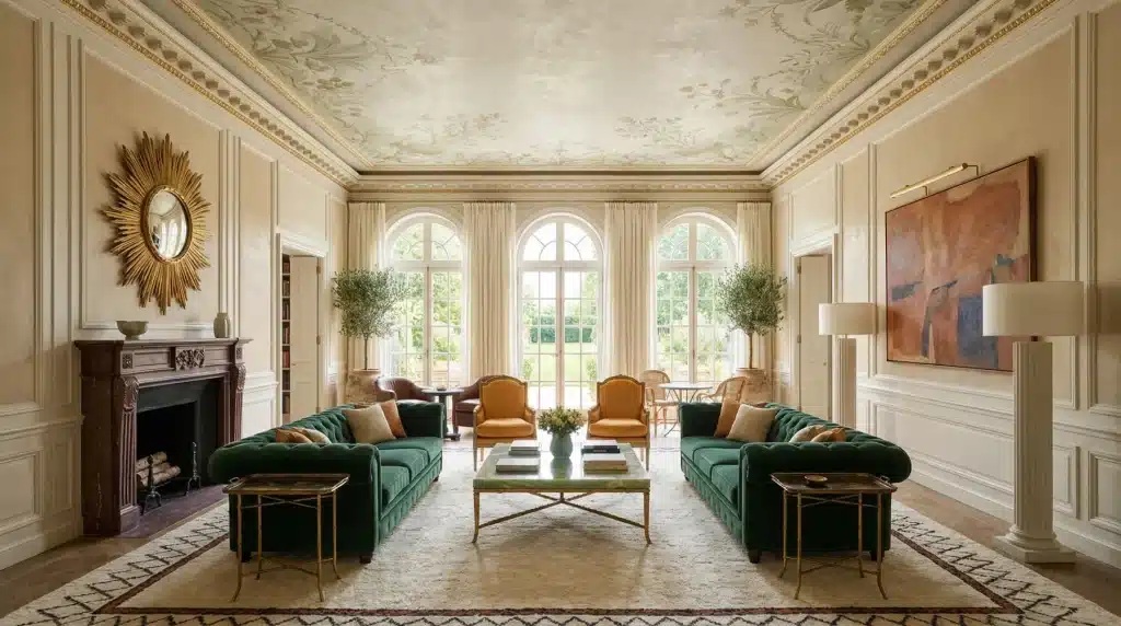 High-end project to understand interior architect cost: château salon with green velvet sofas and painted ceiling.
