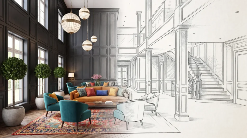 Interior decorator concept: split view of a luxury living room design sketch transforming into a finished, colorful space.