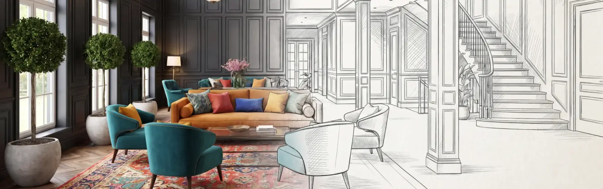 Interior decorator concept: split view of a luxury living room design sketch transforming into a finished, colorful space.