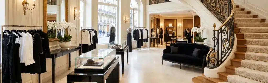 Luxury boutique interior designer: wrought iron staircase, black velvet sofa and haute couture collections in Paris.