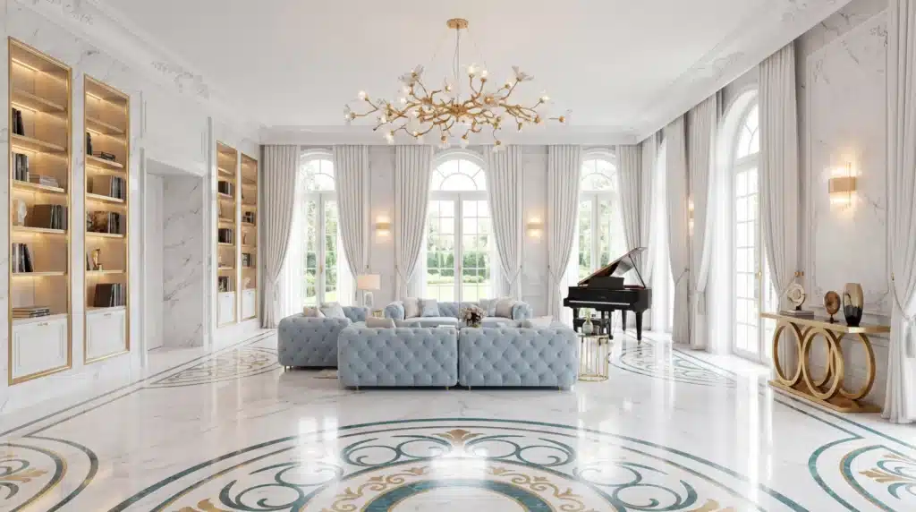 Opulent French interior design style salon with blue tufted sofas, gold chandelier, marble medallion floor, and a grand piano.