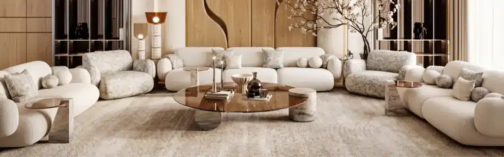 High-end interior design living room with cream sofas, glass and marble coffee table, and a cherry blossom centerpiece.