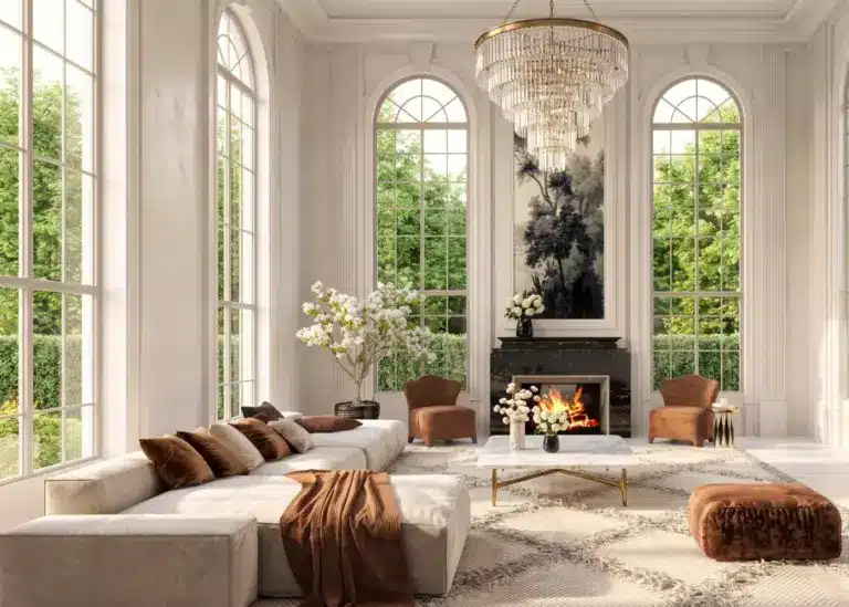 Grand classical living room with crystal chandelier, marble fireplace, and arched windows overlooking greenery