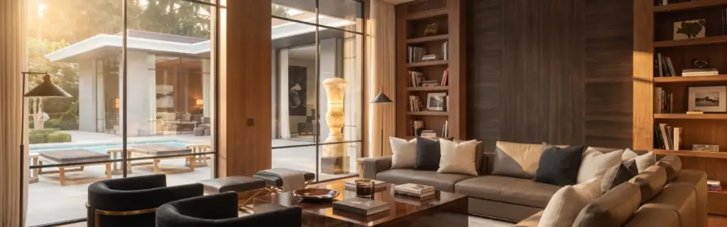 Luxury interiors with dark wood panelling, built-in library, and glass doors opening onto a private pool terrace