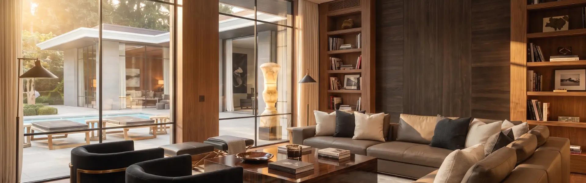 Luxury interiors with dark wood panelling, built-in library, and glass doors opening onto a private pool terrace