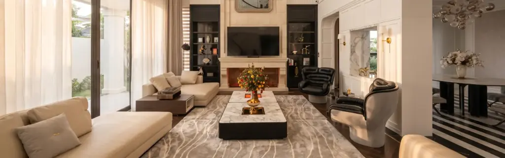Elegant beige and black living room — a perfect example of why hire an interior designer changes everything